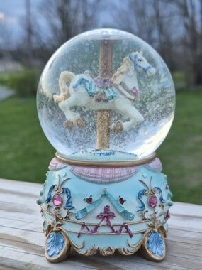 Vintage Style Carousel Unicorn Musical Snow Globe Horse Painted Ceramic Music